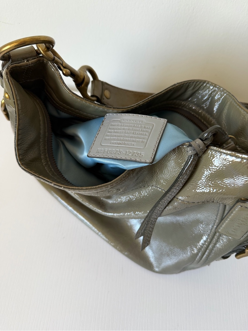 Coach Zoe Patent Leather Hobo Shoulder Bag Olive- Grey 12735 - Picture 11 of 12